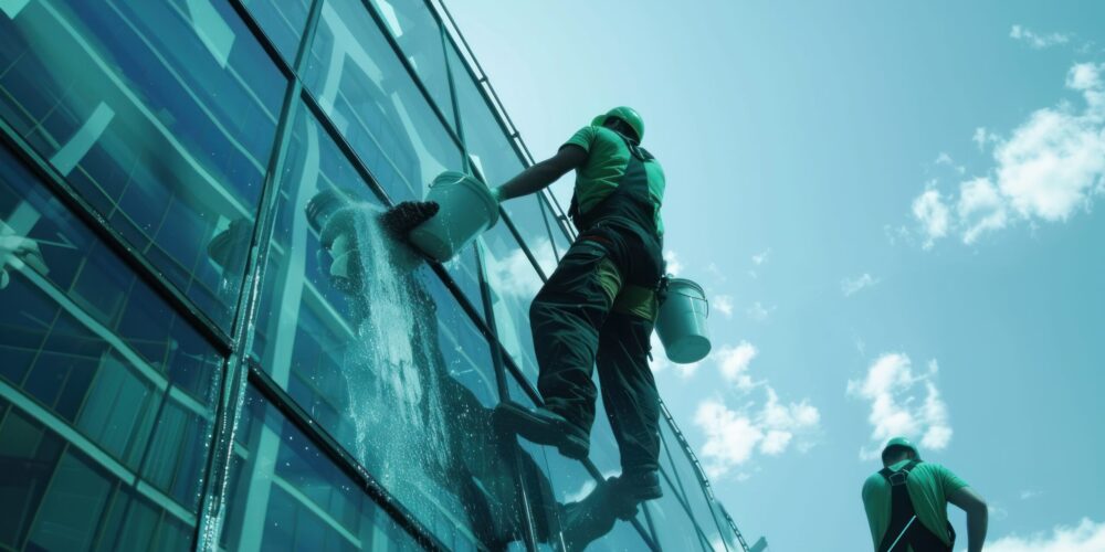 This stock photo shows a window washing team in action on a high building with their reflection on the glass. It is a professional photography with high resolution and good lighting that provides clear details. The photo has a blue sky background and was taken with a wide angle lens. The workers are wearing green uniforms and black pants while holding a water bucket and brush. The atmosphere shows their teamwork. It is a high quality photograph in the style of a professional with high definition. --ar 16:9 Job ID: e1671a39-0943-4fe4-ba99-29c6beaa9b10